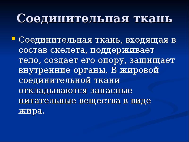 Соединительная ткань входит в состав скелета. Запасные питательные вещества.