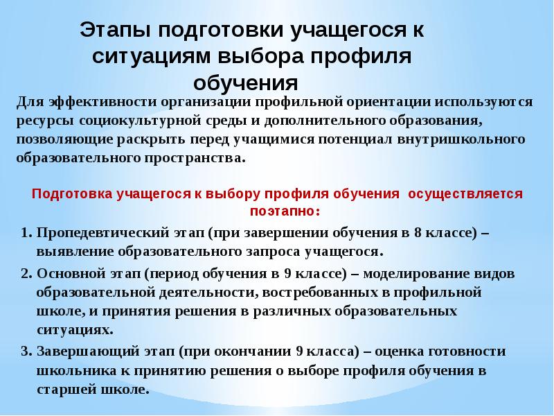 Выбор профиля обучения. Для организации профильной подготовки учащихся необходимо. Стадии подготовки к выборам. Подготовленность обучающихся. Пропедевтическая подготовка учащихся.