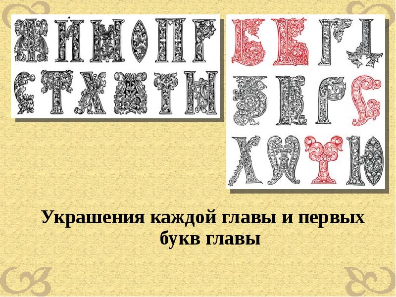 Буква глава. Буквы в первой печатной книге. Буквы на Руси. Украшения каждой главы и первых букв главы. Печатные буквы на Руси.