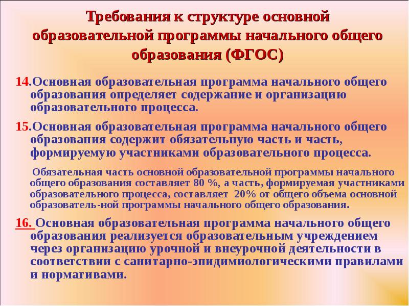 Основная образовательная программа начального образования. Требования к структуре программы начального общего образования. Требования к структуре основной образовательной программы. Требования к структуре программы начального образования. Программа начального общего образования определяет.