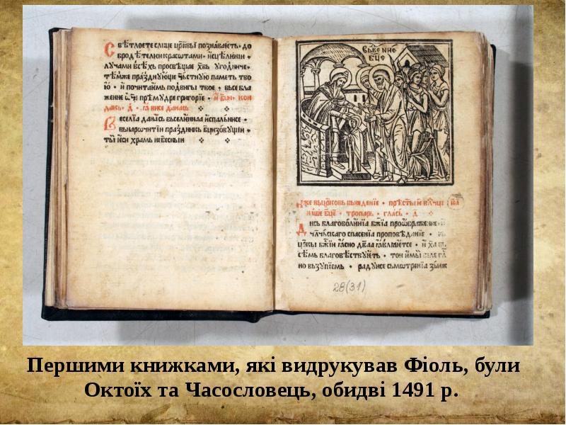 Першими книжками, які видрукував Фіоль, були Октоїх та Часословець, обидві 1491
