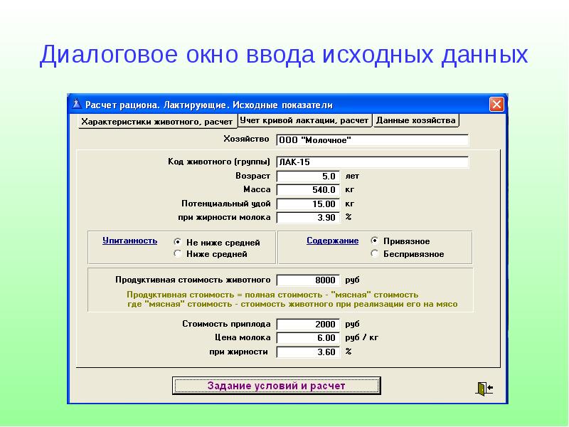 Условия расчетов. Исходные данные программы. Диалоговые информационные технологии. Программа ввода исходной информации. Диалоговое окно ввода данных.