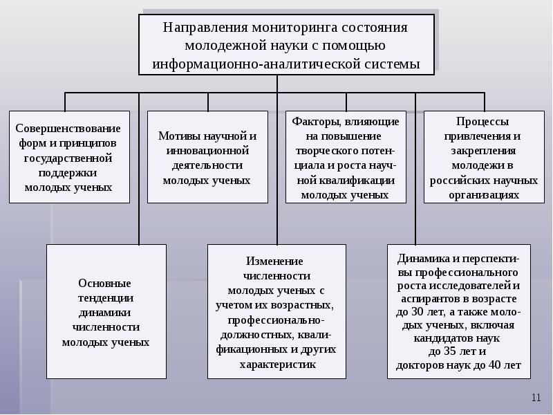 Система направлений. Направления мониторинга. Меры поддержки для молодых ученых. Региональные меры поддержки молодых ученых.