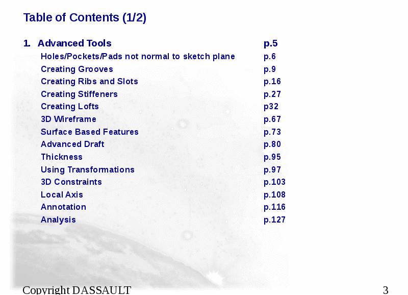 Table of Contents (1/2) Advanced Tools				p.5 Holes/Pockets/Pads not normal to sketch
