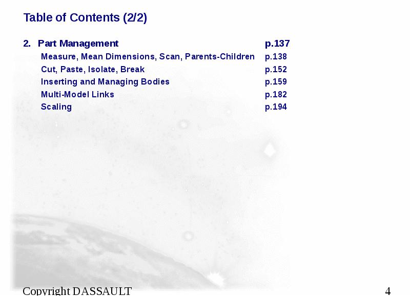 Table of Contents (2/2) Part Management				p.137 Measure, Mean Dimensions, Scan, Parents-Children	p.138