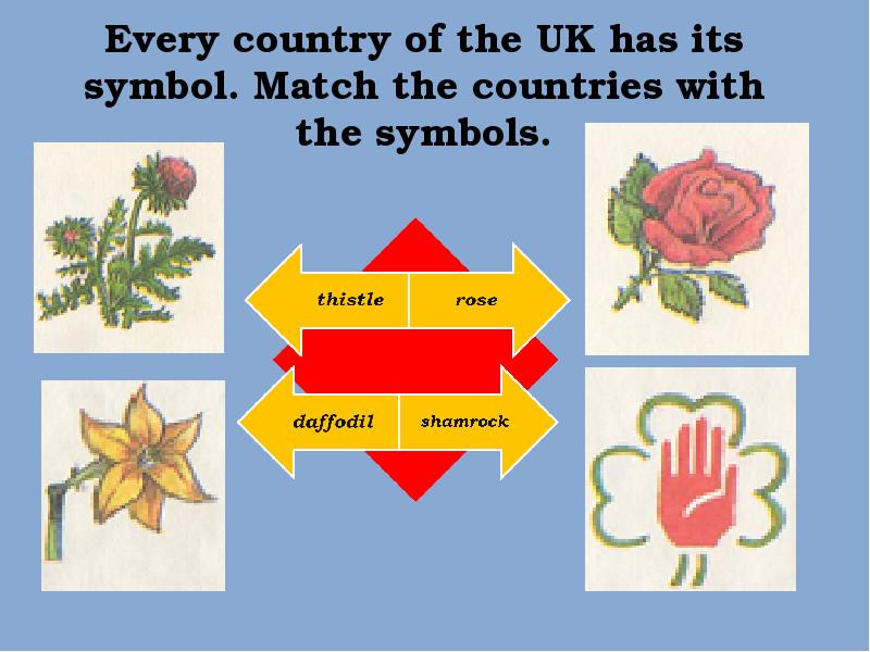 Every country of the UK has its symbol. Match the countries Every country of the UK has its symbol. Match the countries