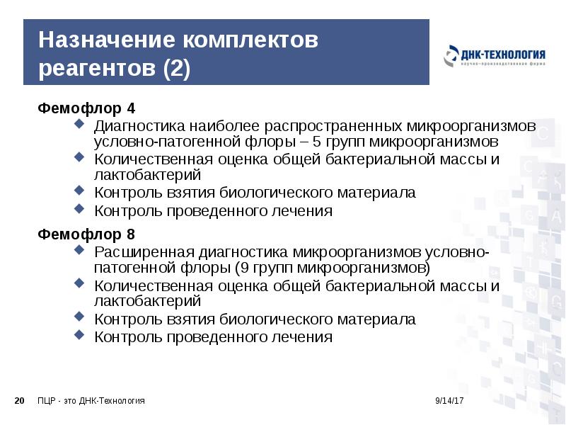 Назначение комплектов реагентов (2)
Фемофлор 4
Диагностика наиболее распространенных микроорганизмов Назначение комплектов реагентов (2)
Фемофлор 4
Диагностика наиболее распространенных микроорганизмов