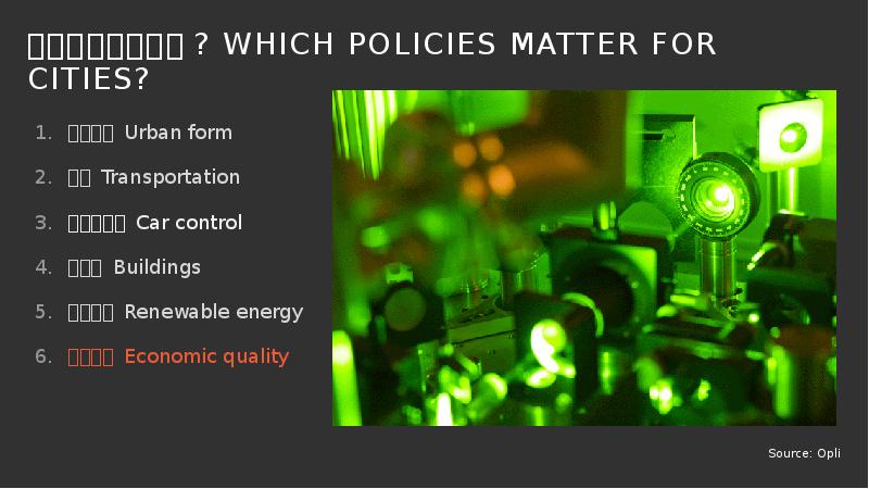 城市需要哪些政策? Which policies Matter FOR CITIES?
城市形态 Urban form
交通 Transportation 城市需要哪些政策? Which policies Matter FOR CITIES?
城市形态 Urban form
交通 Transportation