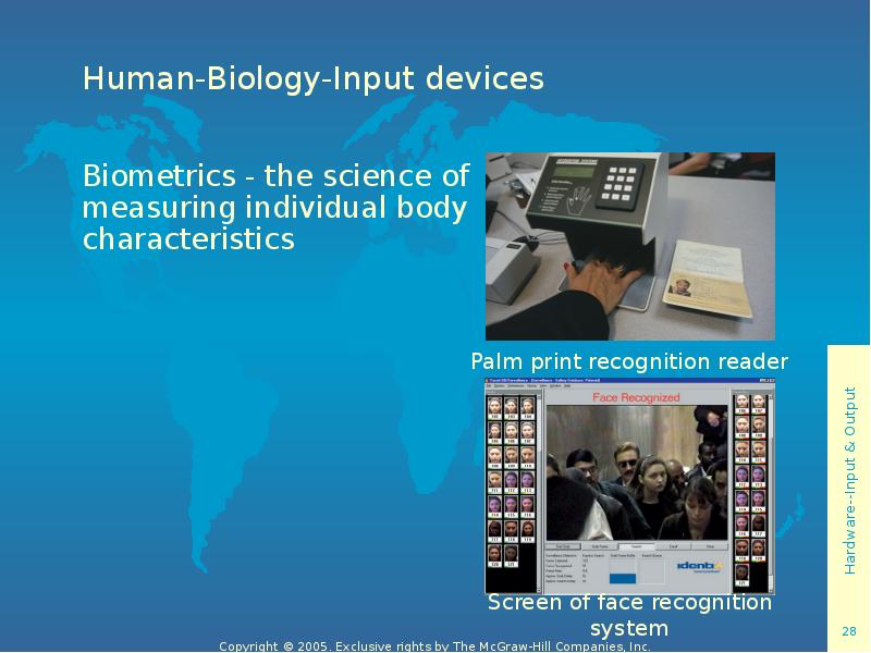 Human-Biology-Input devices Biometrics - the science of measuring individual body characteristics