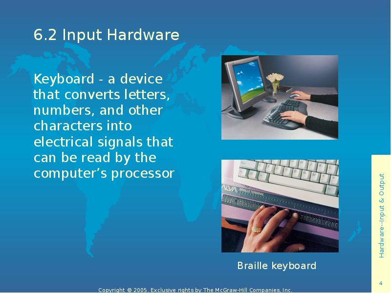 6.2 Input Hardware Keyboard - a device that converts letters, numbers,