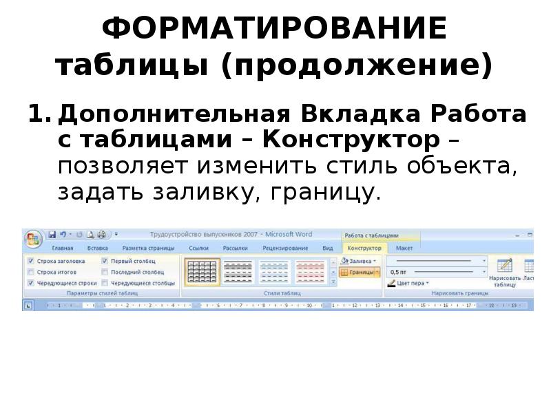 Форматирование таблицы. Способы форматирования таблиц. Вкладка работа с таблицами. Работа с таблицами конструктор. Вкладки для форматирования таблиц.