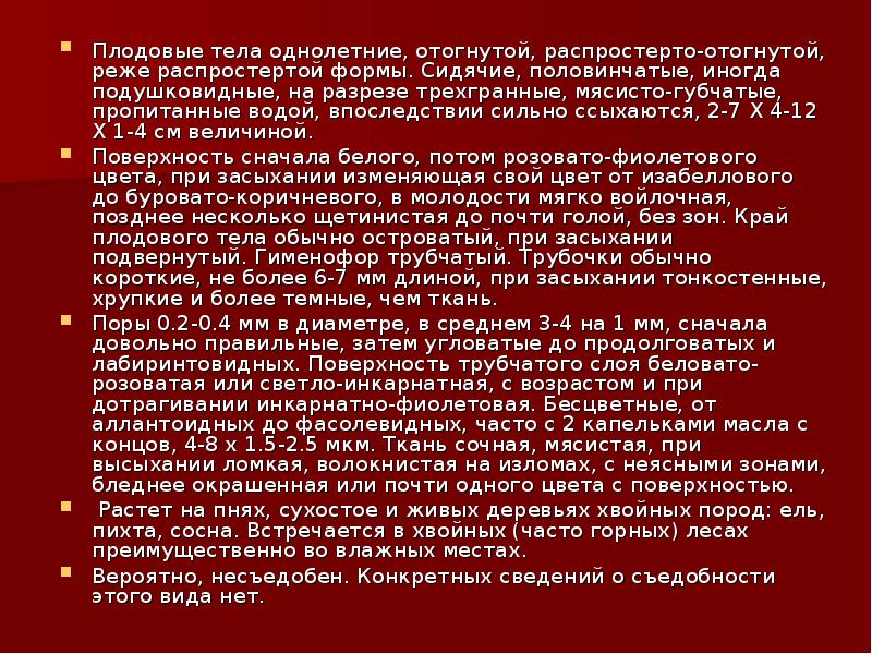 Плодовые тела однолетние, отогнутой, распростерто-отогнутой, реже распростертой формы. Сидячие, половинчатые, иногда