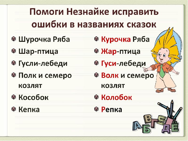 Опечатка в названии. Исправь ошибки в названиях сказок. Исправь ошибки Незнайки. Исправь Незнайкины ошибки. Незнайке исправить Незнайкины ошибки.