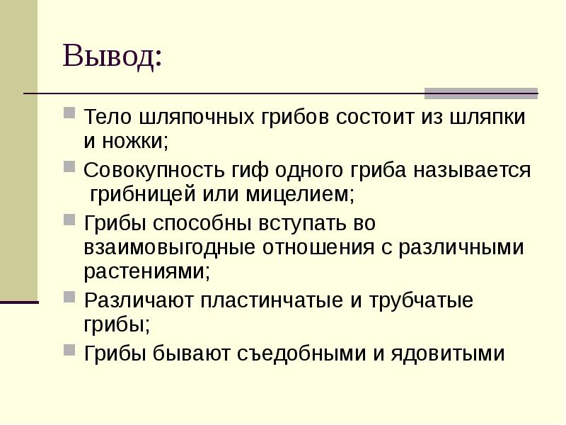 Тело выведенное. Вывод о шляпочных грибах. Строение грибов вывод. Строение шляпочного гриба вывод. Строение и разнообразие шляпочных грибов вывод.