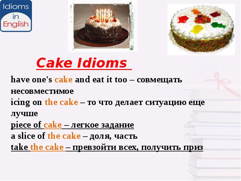 Cake перевод. Идиомы с Cake. The Icing on the Cake идиома. Идиомы про торты в английском языке. A piece of Cake идиома.