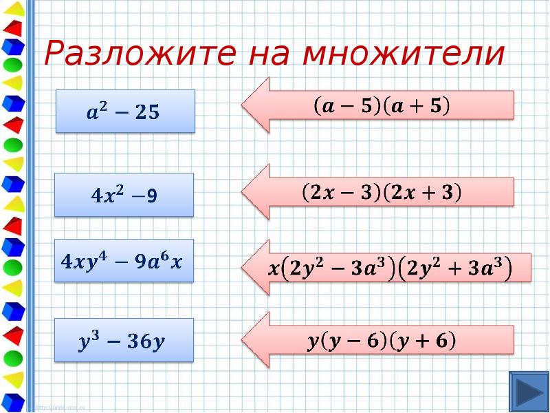 Презентация разложение разности квадратов на множители 7 класс презентация