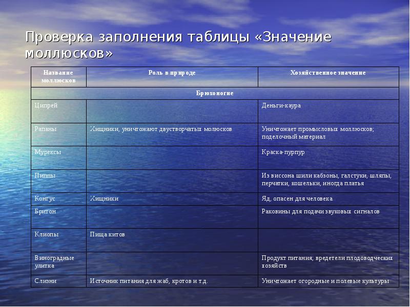 Заполните таблицу значение. Заполнить таблицу моллюски. Таблица моллюски и значение. Значение моллюсков таблица. Значение моллюсков в природе и жизни человека таблица.