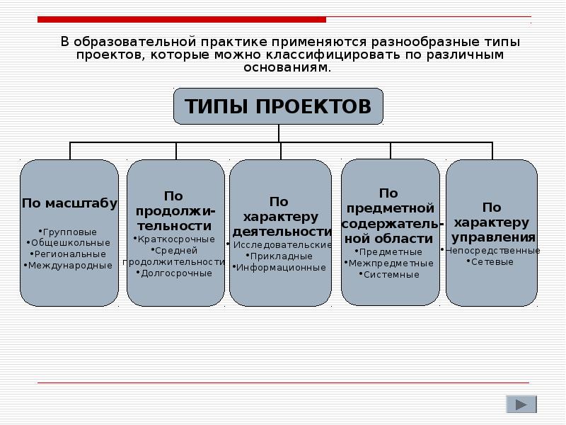 Виды проектов по предметным областям. В зависимости от места выполнения различают проекты.