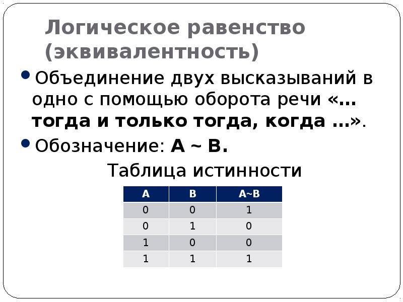 Логическая функция 1. Логическое равенство таблица истинности. Тогда и только тогда таблица истинности. Логическое равенство эквивалентность. Логические функции эквивалентность.