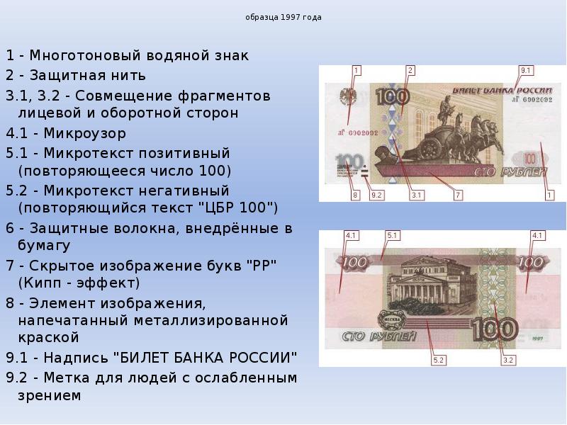 Где на банкнотах банка россии образца 1997 года располагаются микроузоры