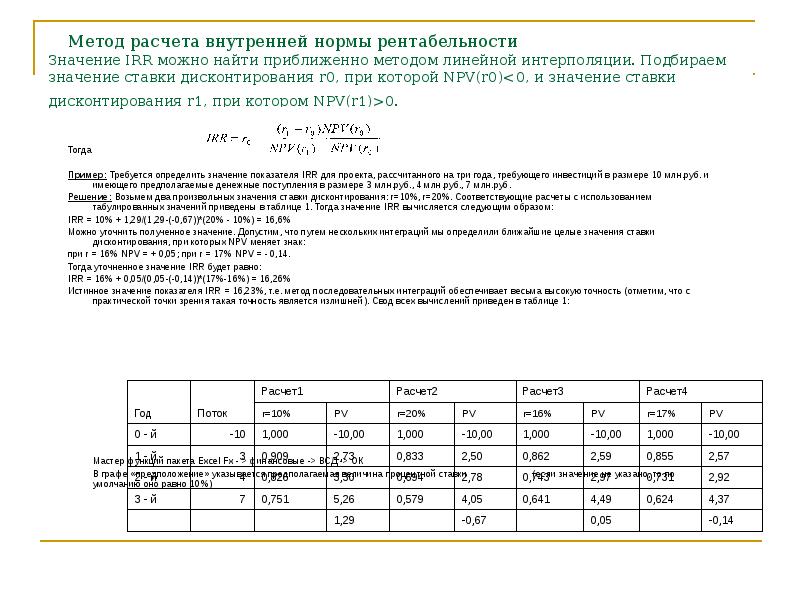 Метод расчета внутренней нормы доходности проекта основан на дисконтировании чистой прибыли