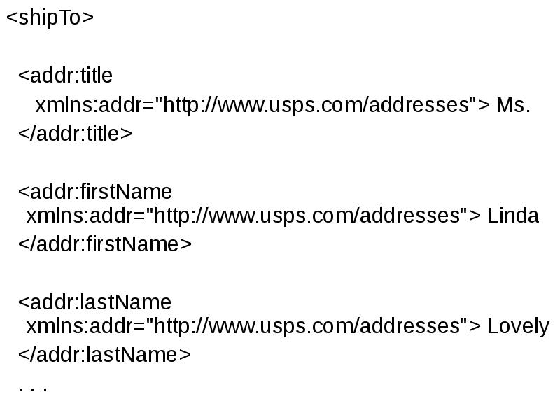 <shipTo>
<shipTo>
<addr:title
xmlns:addr="http://www.usps.com/addresses"> Ms. <shipTo>
<shipTo>
<addr:title
xmlns:addr="http://www.usps.com/addresses"> Ms.