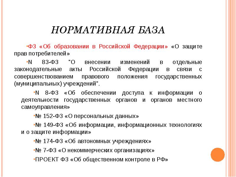 НОРМАТИВНАЯ БАЗА ФЗ «Об образовании в Российской Федерации» «О защите прав