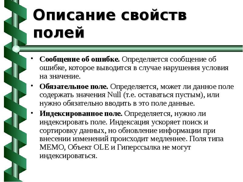 Обязательное значение. Свойство поля индексированное поле. Описание свойств. Сообщение об ошибке в поле. Индексация полей.