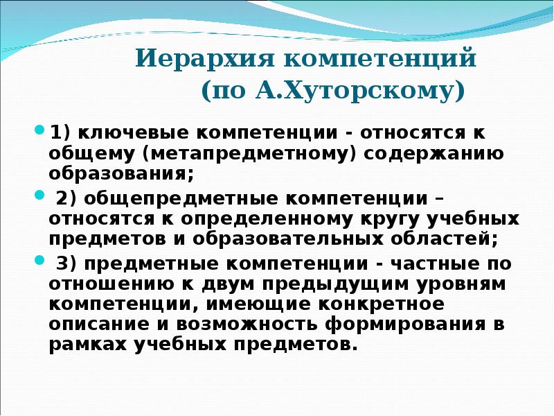 Иерархия компетенций        (по А.Хуторскому)