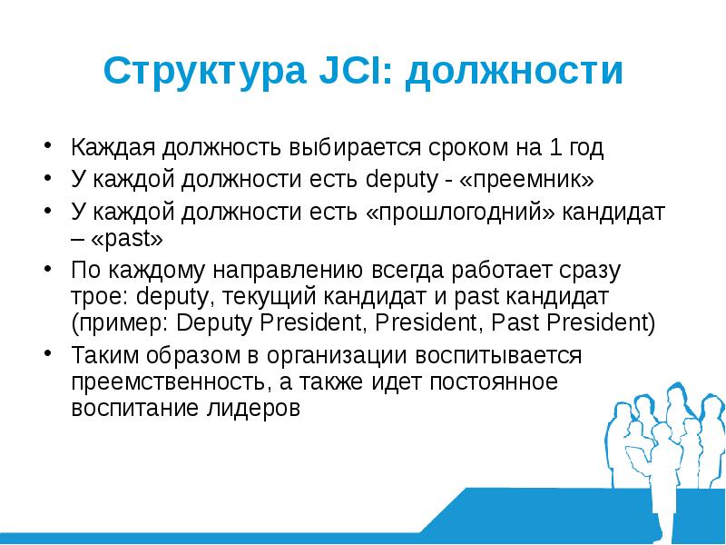 Каждого должность. Структура JCI. Кандидат примеры употребления. Каждая должность важна. 6 Задач JCI.