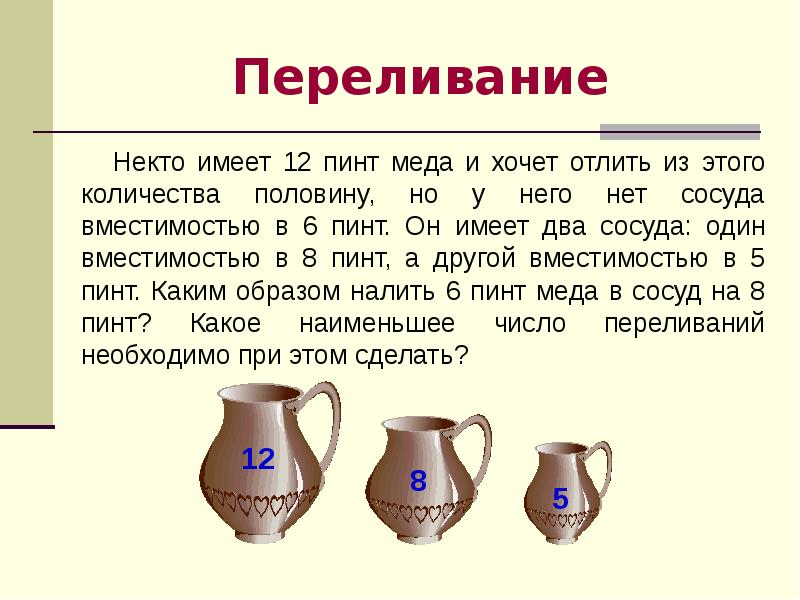 Что имеет 5. Задачи на переливание 12 Пинт. Задачи на переливание с медом. Никто имеет 12 Пинт меда и хочет отлить из этого количества половину. Задача 2. некто имеет 12 пинт1 мёда и хочет отлить из этого коли.