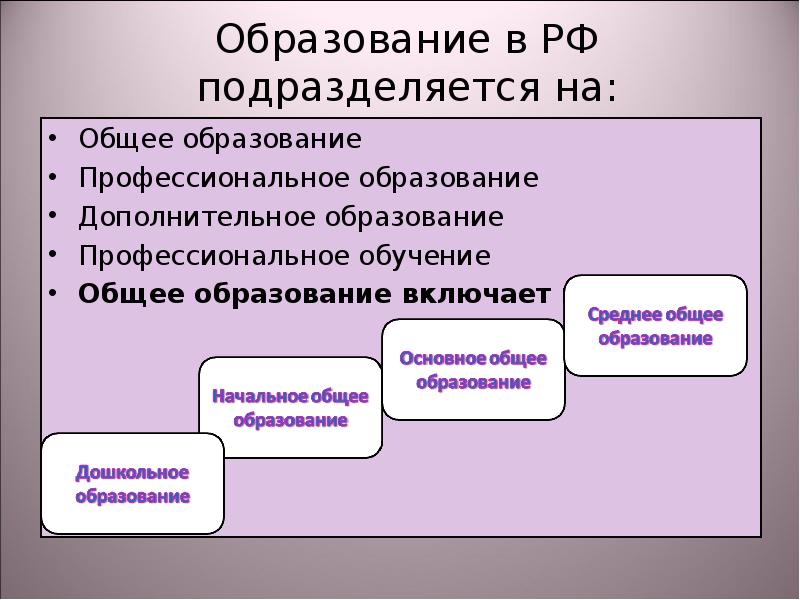 Дополнительное общее образование. Система образования подразделяется на. Образование в РФ подразделяется на. Образование подразделяется на общее, профессиональное. Общее и профессиональное образование.