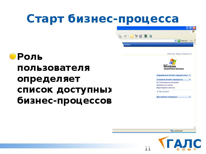 Старт бизнес-процесса Роль пользователя определяет список доступных бизнес-процессов