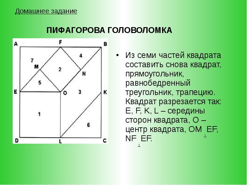 Центр квадрата. Пифагорова головоломка из семи частей квадрата. Пифагорова головоломка. Прямоугольник из 7 частей.