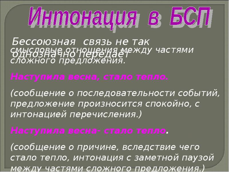 Бессоюзное интонационное предложение. Бессоюзные предложения с интонацией. Интонация сложного предложения. Интонация в БСП. Виды интонации в бессоюзном сложном предложении.