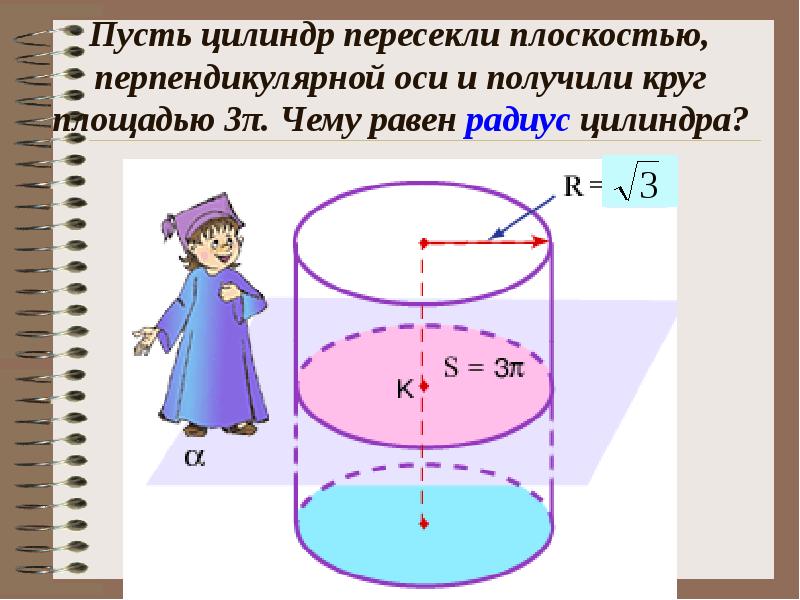 Площадь окружности цилиндра. Радиус цилиндра. Чему равен радиус цилиндра. Ось цилиндра перпендикулярна. Цилиндр пересеченной плоскостью объем.