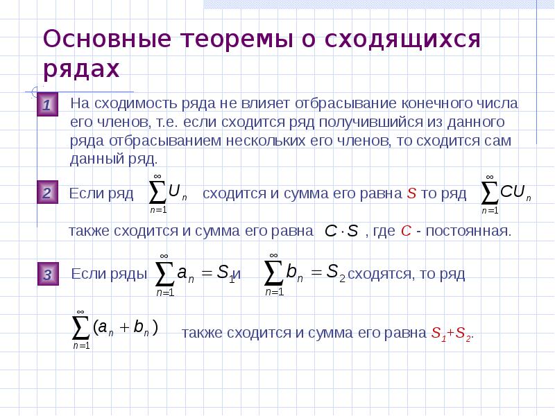 Число членов ряда. Основные теоремы о сходимости рядов. Теоремы о сумме, разности сходящихся рядов. Теорема о сумме числовых рядов. Основные теоремы о числовых рядах.