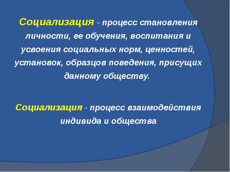 Социализация процесс усвоения индивидом образцов поведения присущих данному обществу