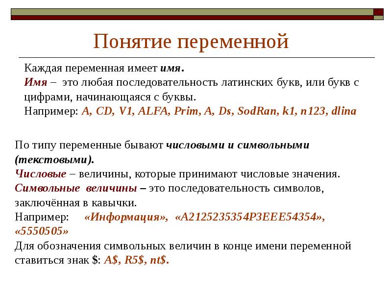 Понятие переменной. Понятие переменные. Понятие переменной в программировании. Символьная величина.