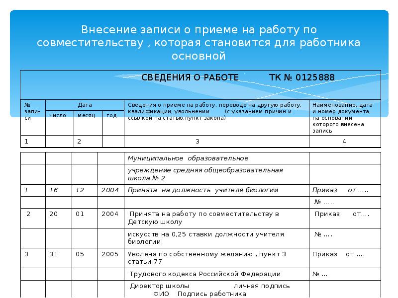 Запись о приеме по внутреннему совместительству в трудовой книжке образец