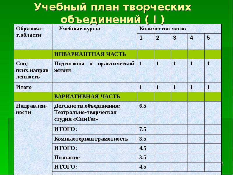 Формирование учебного плана дополнительного образования