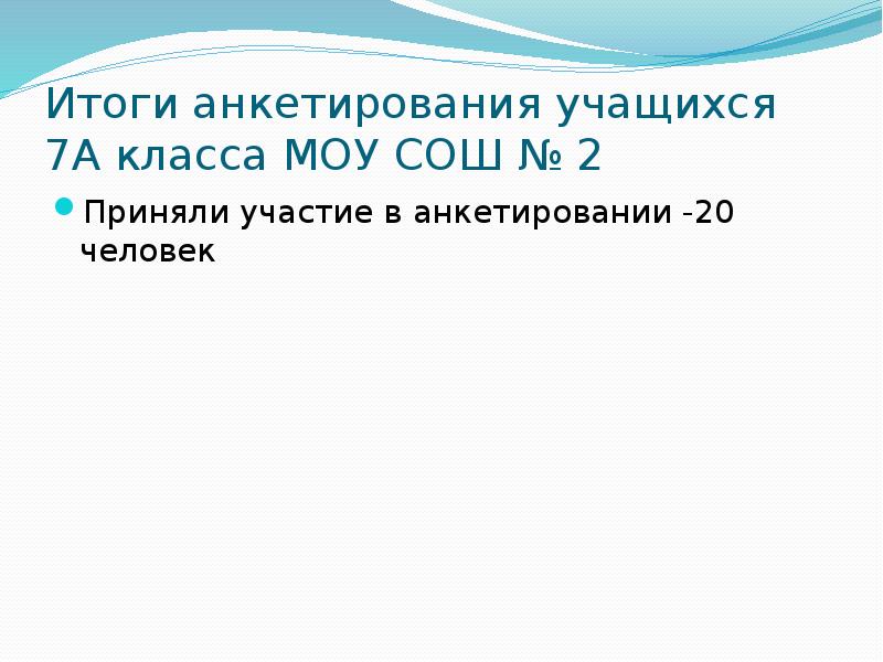 Итоги анкетирования учащихся 7А класса МОУ СОШ № 2 Приняли участие