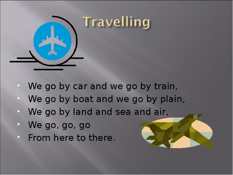 We go travel. Travelling презентация. Travelling by car презентация. We go by car and we go by Train стих. Travelling by Air презентация.