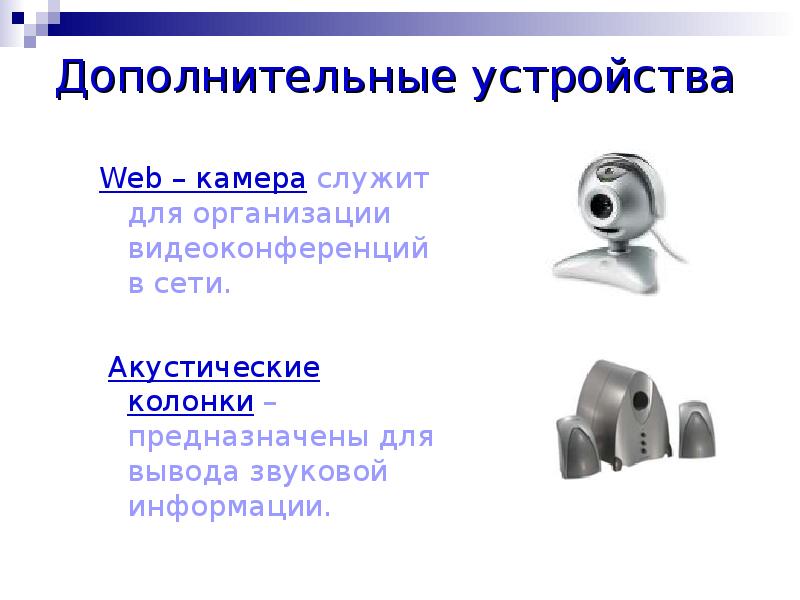 Дополнительные устройства Web – камера служит для организации видеоконференций в сети.