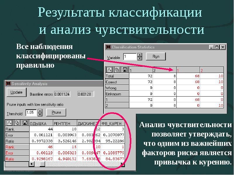 Результаты классификации и анализ чувствительности Результаты классификации и анализ чувствительности
