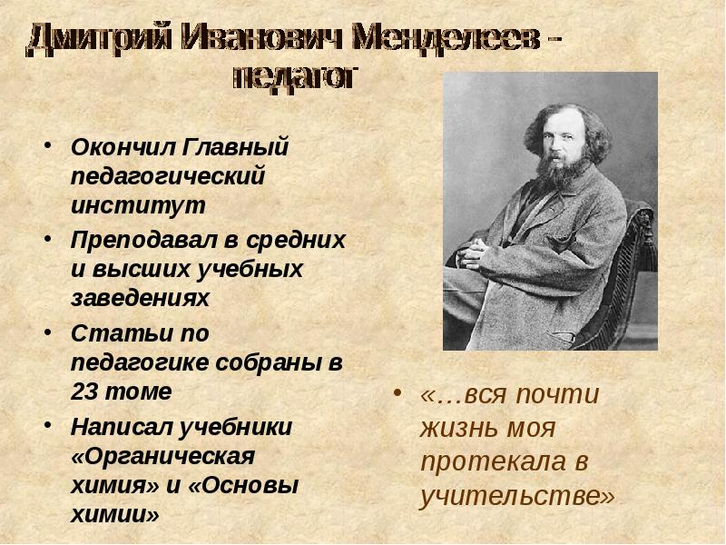 Менделеев ученый педагог. Менделеев окончил педагогический институт. Менделеев Дмитрий Иванович род занятий. Менделеев Дмитрий Иванович преподаёт. Менделеев 19 век.