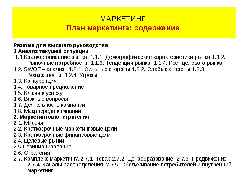 Структура и содержание плана маркетинга