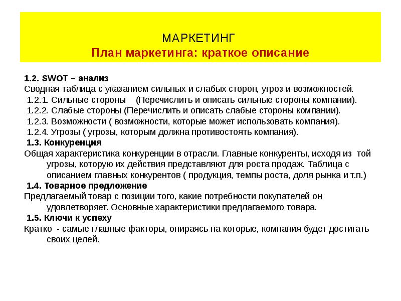 Структура маркетингового плана