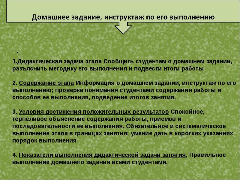 Элементы занятия. Задачи инструктажа. Домашнее задание и инструктаж по его выполнению. Информация о домашнем задании, инструктаж по его выполнению. Этап информации о домашнем задании задачи.