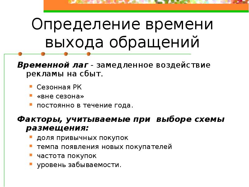 Временной лаг. Время выхода рекламы. Определяется временной лаг ЛIПОI-му проекту:.